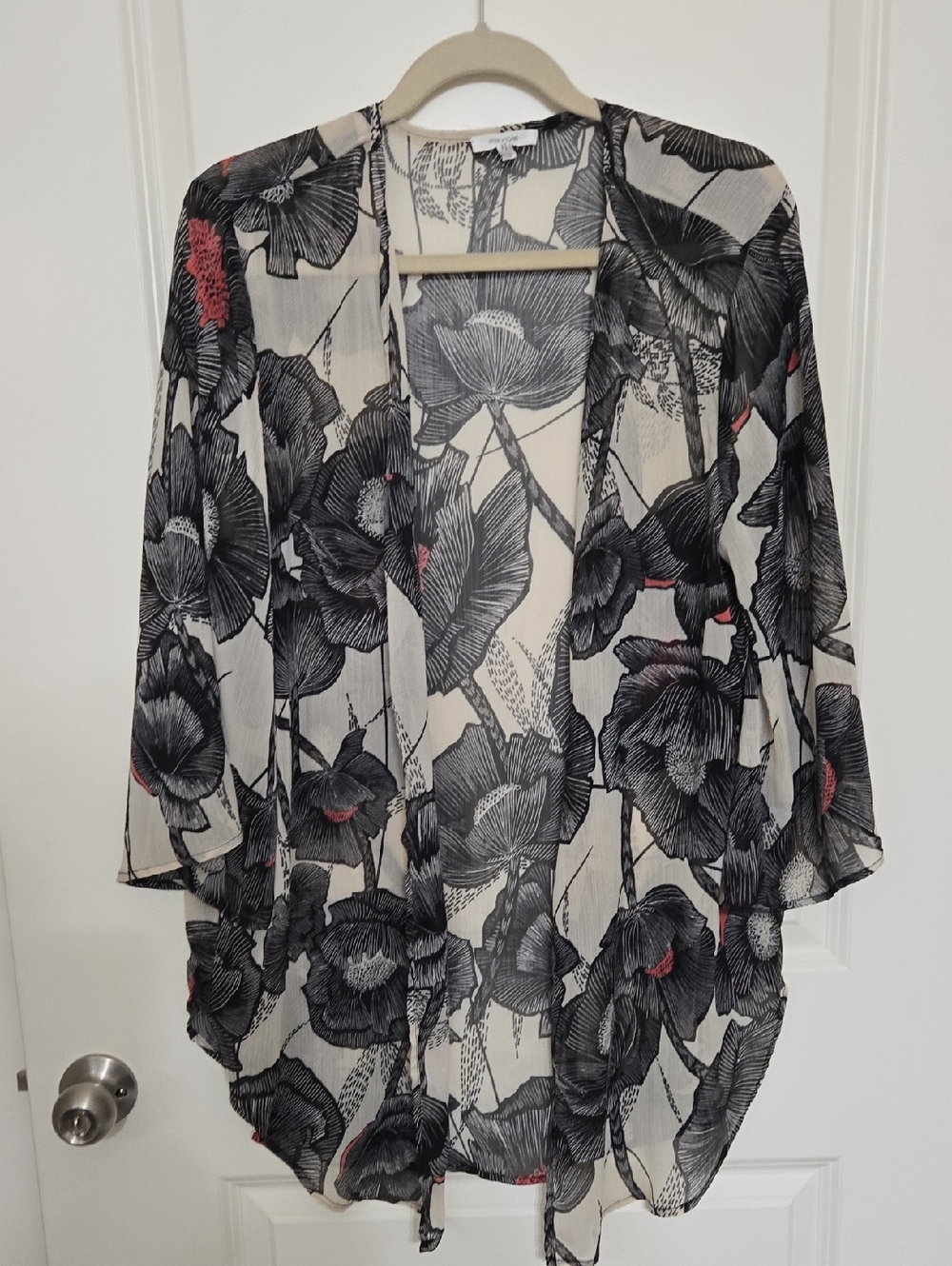 Maurices Sheer Floral Kimono in Black and Cream with Pink Accents